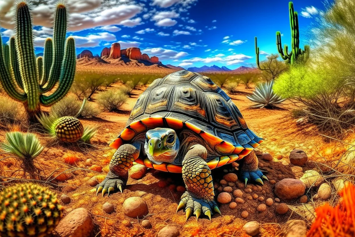 A tortoise in the Arizona desert. I did these about a year ago. I love how they turned out! The square images were created using Bing, and the horizontal images were created using DALL-E/ChatGPT.