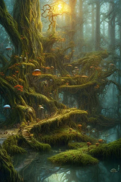 high-quality, fine-detail beautiful, breath-taking forest with gnarled trees, flowers, clear reflective lake, some dragonflys, some mushrooms, tranquil, stunning, 8k resolution, intricate, digital art, detailed matte, volumetric lighting, George Grie, Anne Dittman, Anne Stokes, Lisa Parker, Selina French, Alphonse Mucha