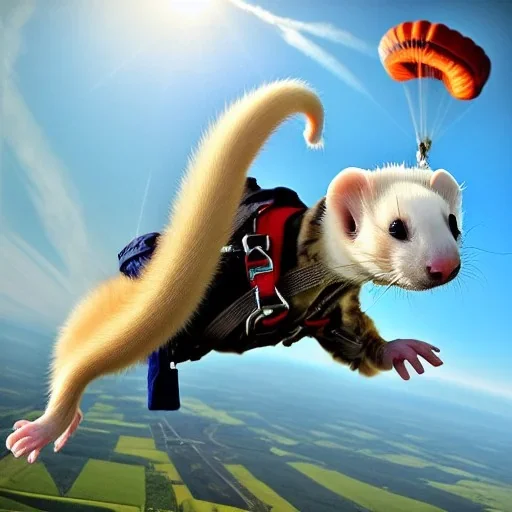 ferret wearing jumpsuit and parachute, skydiving, sunlit sky, intricate, ultra-fine detailed, 8k, detailed matte, high-quality, 3d, realistic, midjourney style, George Grie, Anne Dittman, Anne Stokes, Lisa Parker, Selina French