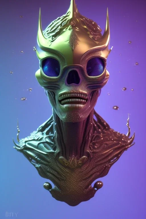 purple African alien, cracks in the head, wicked, Asian eyes, crown, blood, 8k, finely detailed, photo realistic, Boris Vallejo style turquoise skull head gold dragon space alien rain skeleton silver helmet silver space suit spaceships