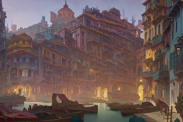 colorful Italian town on seA+bologna+genoa street+Italian medieval town++alphonse mucha, greg rutkowski,matte painting, cryengine, hyper detailed, felix kelly, fantasy art, seb mckinnon