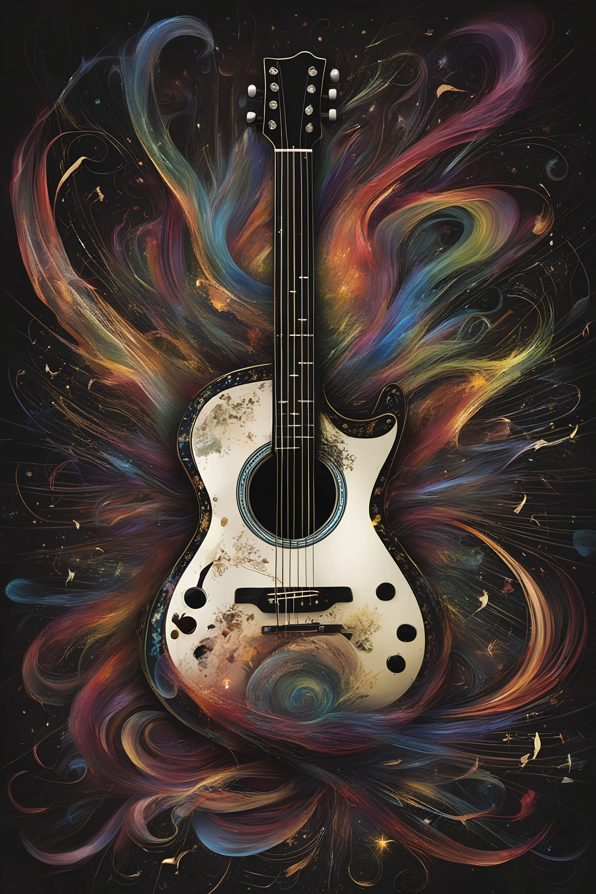 a symphonic flow of shining music turning into a guitar of light :: dark background , guitar of colorful light