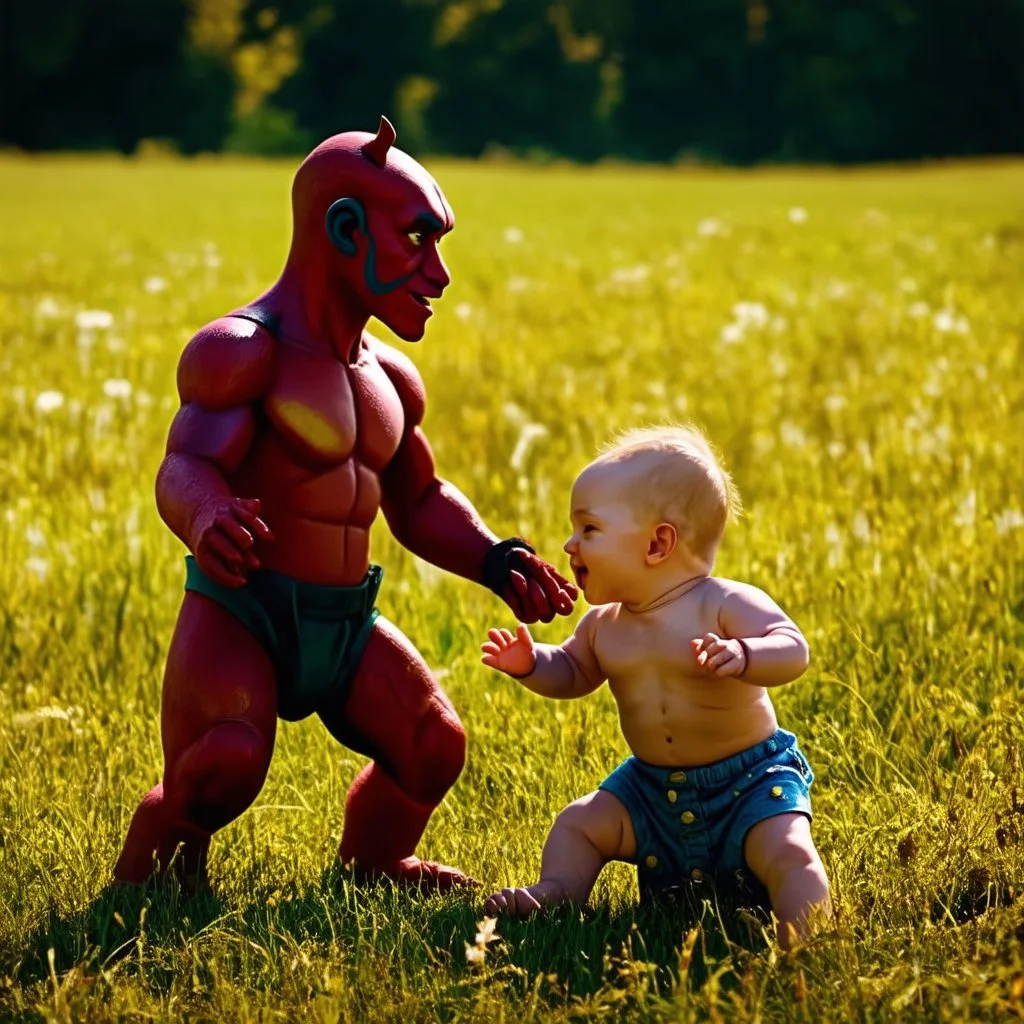 Baby Hellboy playing with a happy real baby in a sunny field, Cinematic still, film grain, vignette, color graded, post-processed, cinematic lighting, best quality, atmospheric, a masterpiece, epic, stunning, dramatic