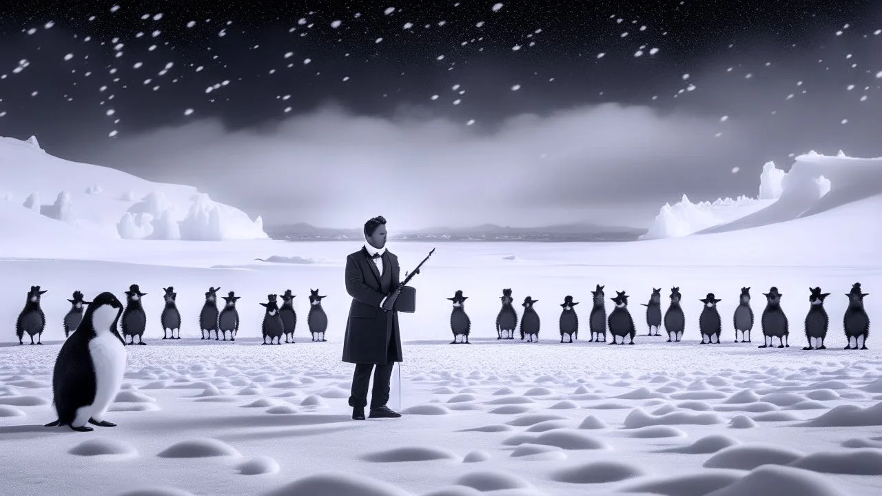 A penguin orchestra in tuxedos performing a symphony on a frosty Antarctic glacier, with a solo violinist poised elegantly, playing amidst the icy backdrop under the enchanting glow of the Aurora Australis, captured in high-contrast black and white photography, evoking a timeless and majestic ambiance