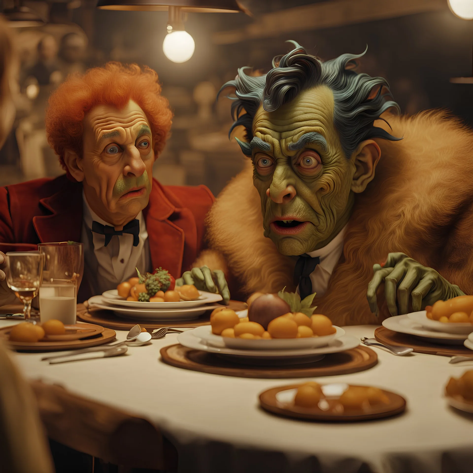 Close-up shot of ultra realistic odd monsters dining, Egon Schiele, vivid, deep 3d field, ultra realistic, Egon Schiele, hypermaximalist figures, light, Italian 1970's odd movie, hilarious, Minicavio Quollati style, photography by Marlost Endgulp, ornate, 4k, photorealism