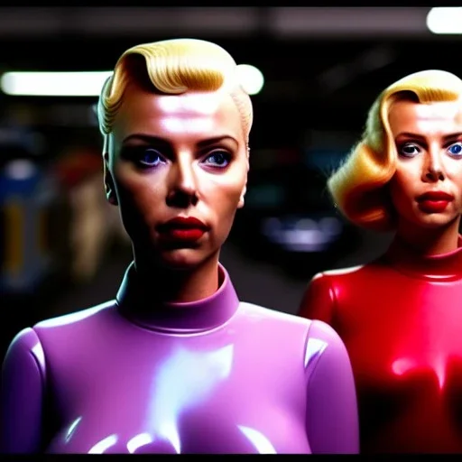 Ultra Realistic retro sci-fi movie Supermarket parking people scene, 1960 year, waist up view portrait, 2 clones blonde women, sweet scarlet Johansson face, perfect iris, glow eyes, face makeup, tight latex coat. many people looking, Retro sci-fi style, soft color, highly detailed, unreal engine 5, ray tracing, RTX, lumen lighting, ultra detail, volumetric lighting, 3d, finely drawn, high definition, high resolution.