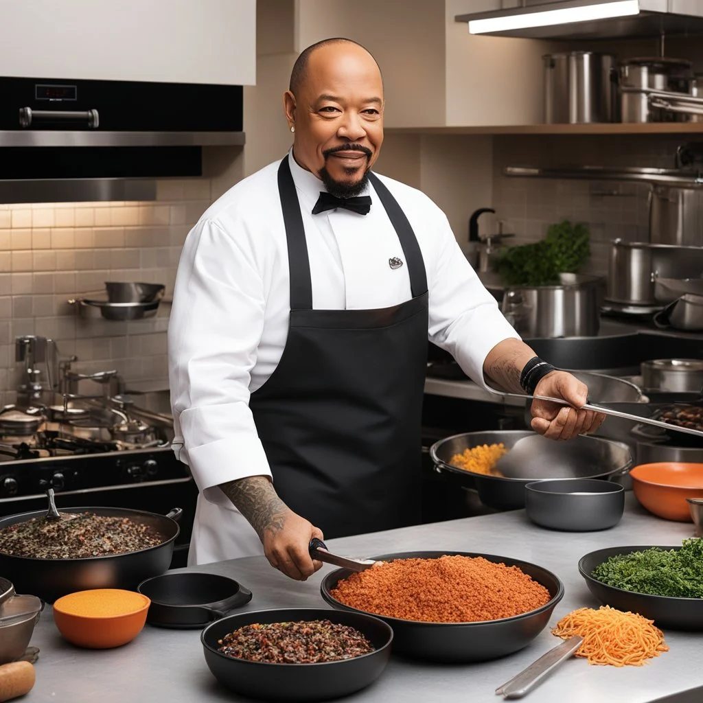 A bustling kitchen, filled with the clinking of pots and pans, the sizzle of ingredients hitting the hot pan, and the fragrant aromas wafting through the air. The Chef tattooed Ice-T from Law & Order: Special Victims Unit stands at the center of it all, a master of culinary creativity and precision. Ice-T's eyes light up with excitement as they reach for a vibrant, ripe meat. With a quick flick of the knife, Ice-T expertly shapes slices, each petal glistening with juice. Ice-T's creative instin