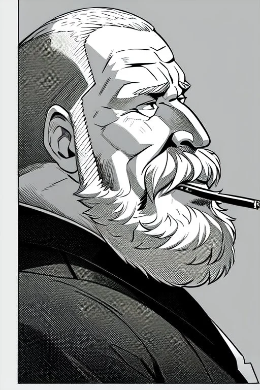 old man in profile smokes a cigar, shot hair, greyscale