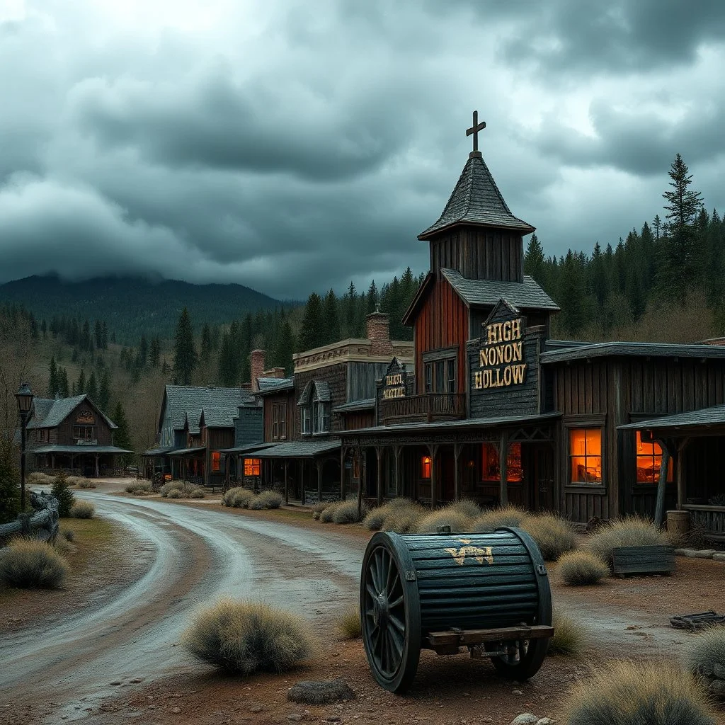 the western town called High Noon Hollow with gloomy skies