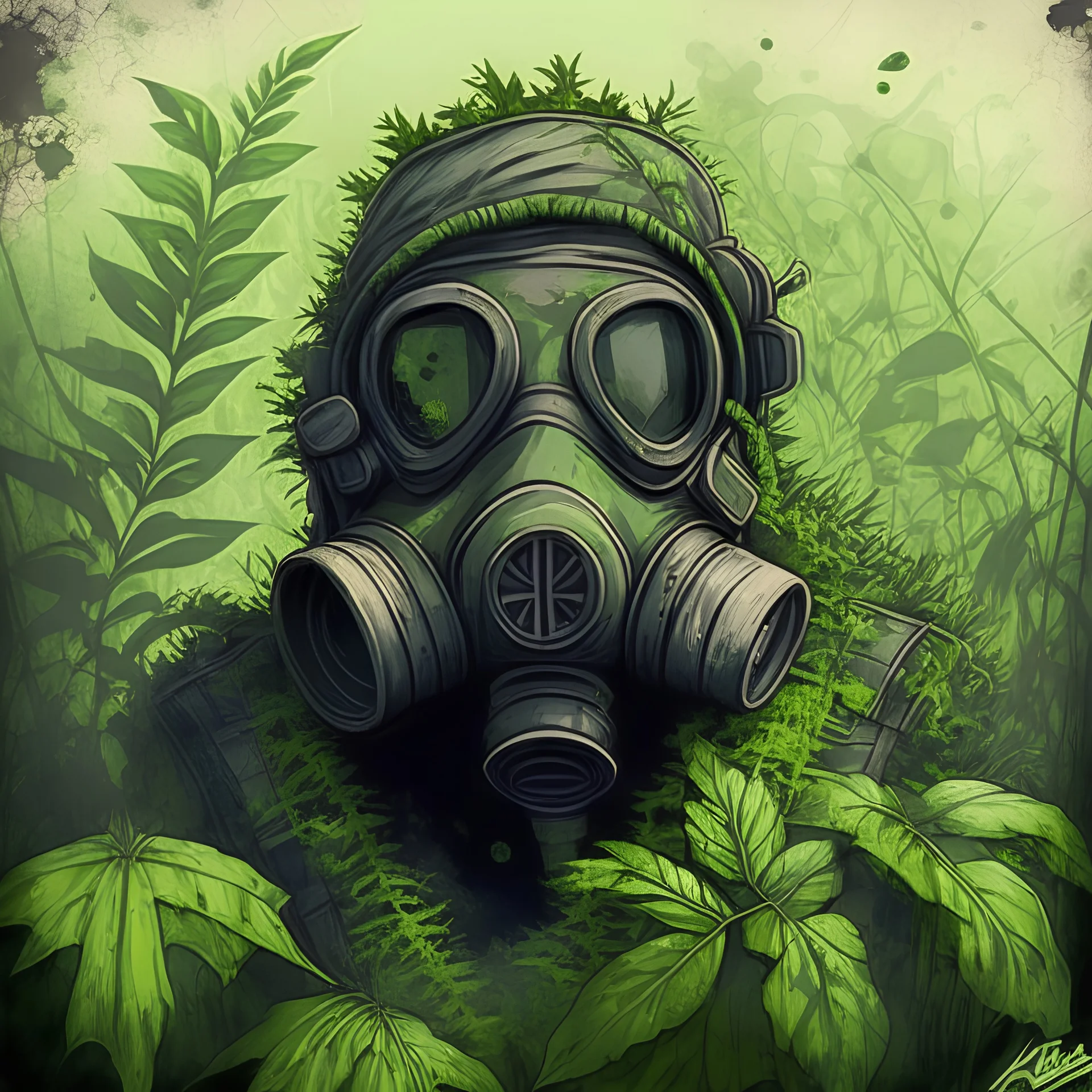 Overgrown, gasmask,comic style