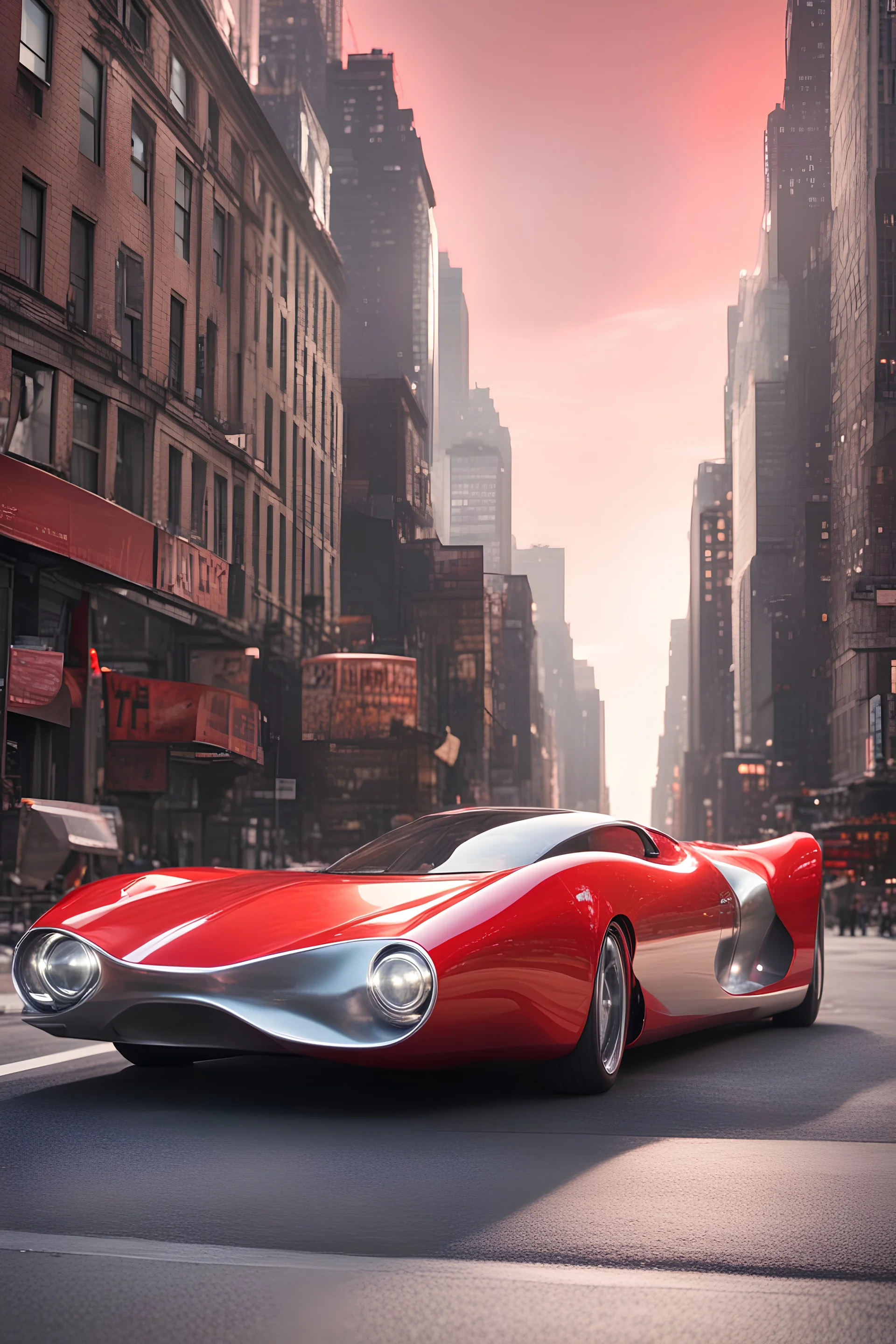 creates a concept supercar in '60s style with a retro-futuristic bodywork in red and silver on a street of New York, with a bright sky