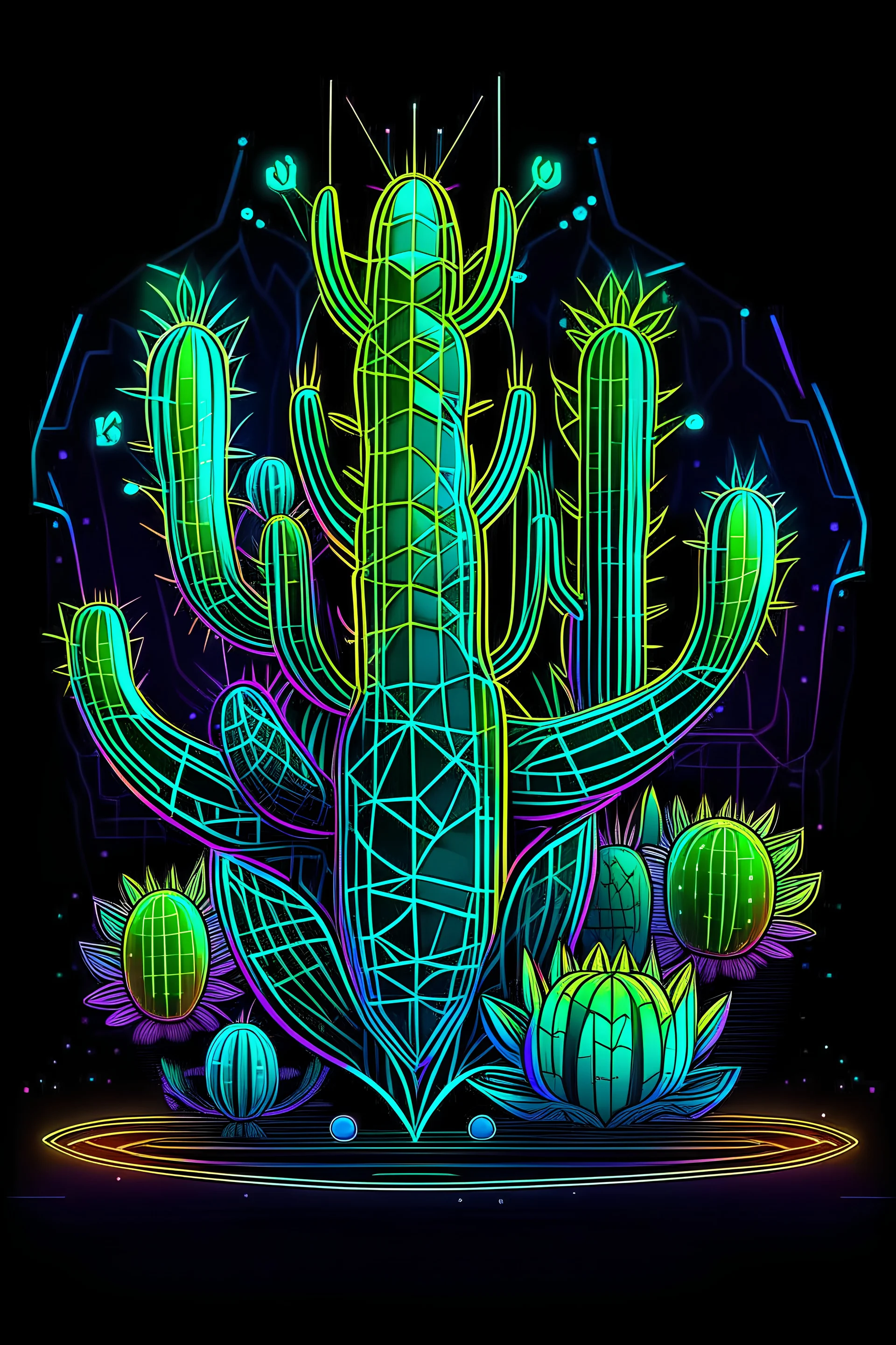 makea coloring page featuring a Cybernetic Cactus in a digital desert, with neon lights illuminating its prickly spines. Apply mandala patterns for a mesmerizing effect. Sketch style, full body, dark background