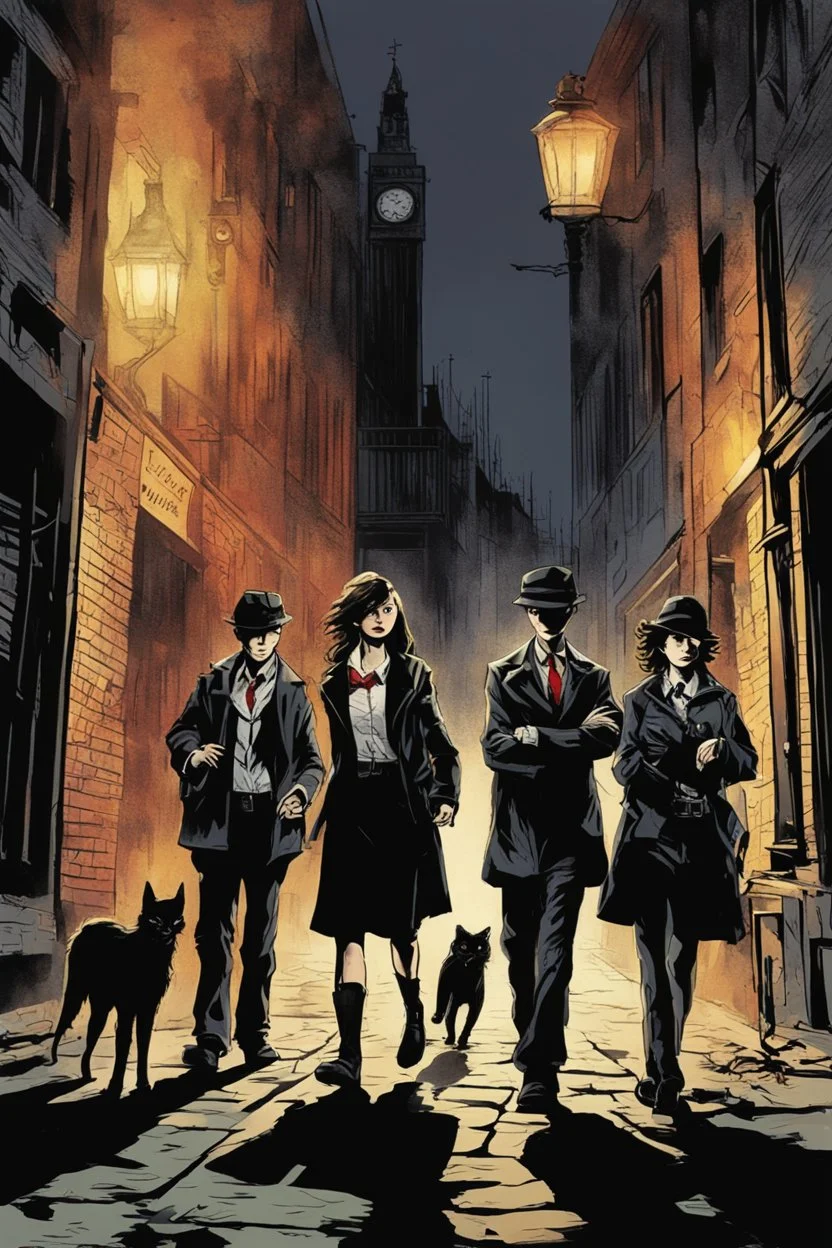 Design a detective book cover for teenagers. Three teenage detectives and black cat in the centre, one boy on her left, the girl in the centre and one on her right are on the town street. Banksy style, modern comic book style, mysterious atmosphere,