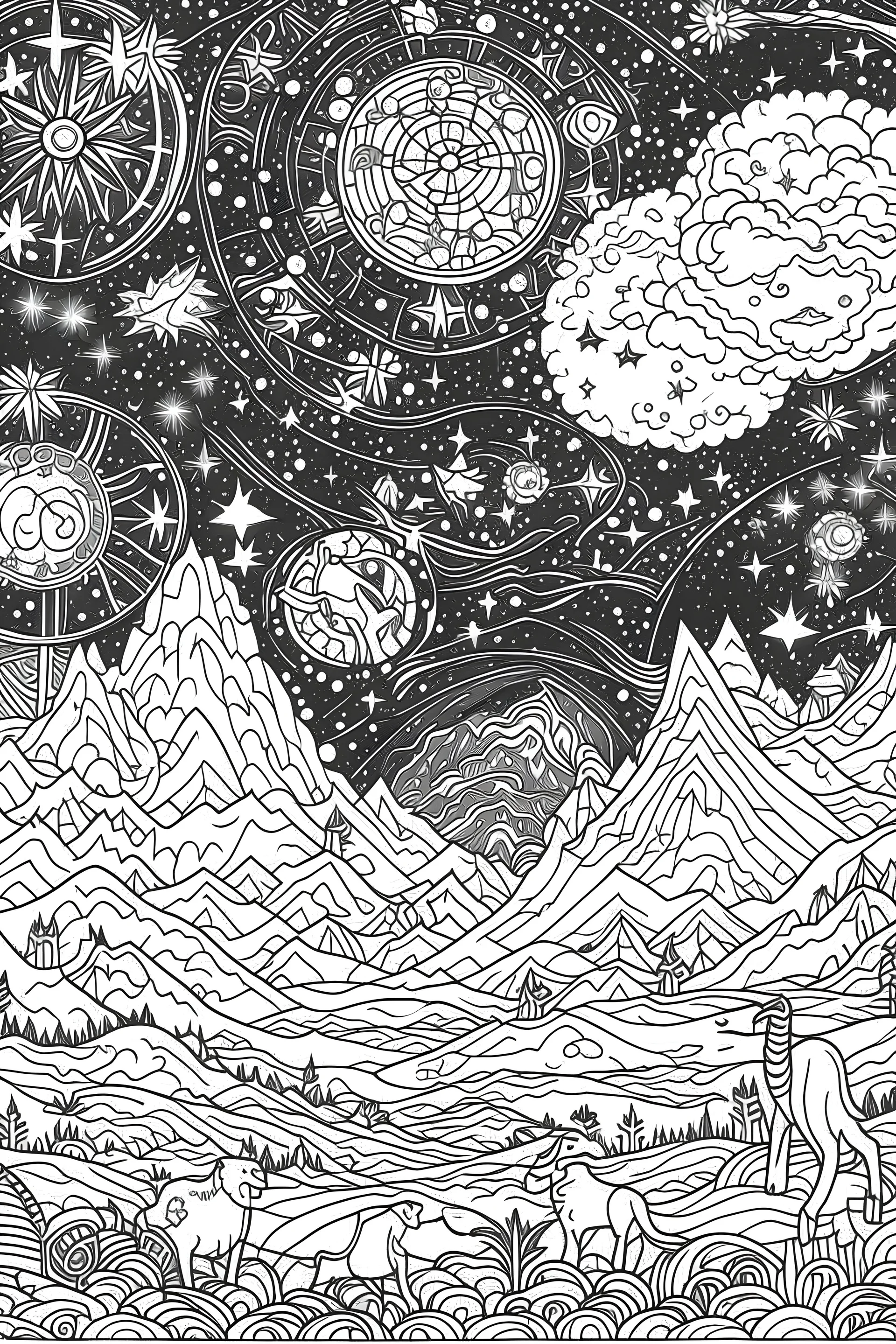 A serene night sky filled with constellations, each representing challenges and triumphs on the path of self-discovery. coloring page designed for adults in the style of Tarot,Gothik and Mythic Fantasy