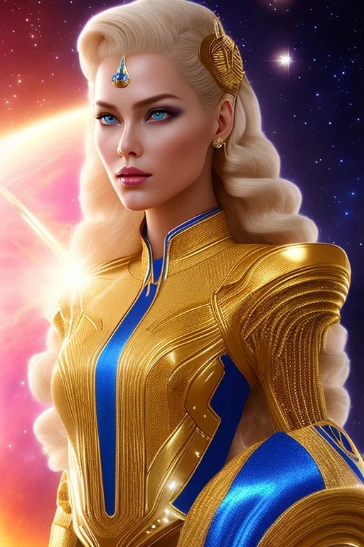 Beautiful tall woman Pleiadian galactic commander, ship, perfect detailed face, detailed golden galactic suit, high rank, long blond hair, hand with five perfect detailed fingers, amazing big blue eyes, smiling mouth, high definition lips, cosmic happiness, bright colours, blue, pink, gold, jewels, realistic, real photo, bright and sunny background, very detailed, high contrast, high definition 8k, pixel 512X512, unreal engine 5, extremely sharp details, light effect, br