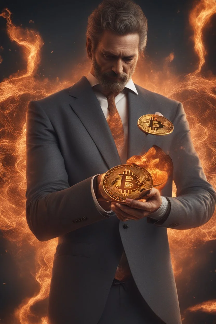 A man holds out his inner forearm where he has just received an iron brand mark of bitcoin. It's still hot and sizzling, hyper realistic, 8k, chaos