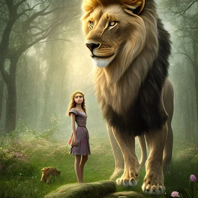 Young beautiful girl wearing floral crown standing next to a realistic, stunning lion on nature forest path, Chronicles of Narnia, 8k resolution, high-quality, fine-detail, iridescent, intricate, digital art, detailed matte, volumetric lighting, beautiful, illustration, 3D octane render, brian froud, howard lyon, selina french, anna dittmann, annie stokes, lisa parker, greg rutowski,