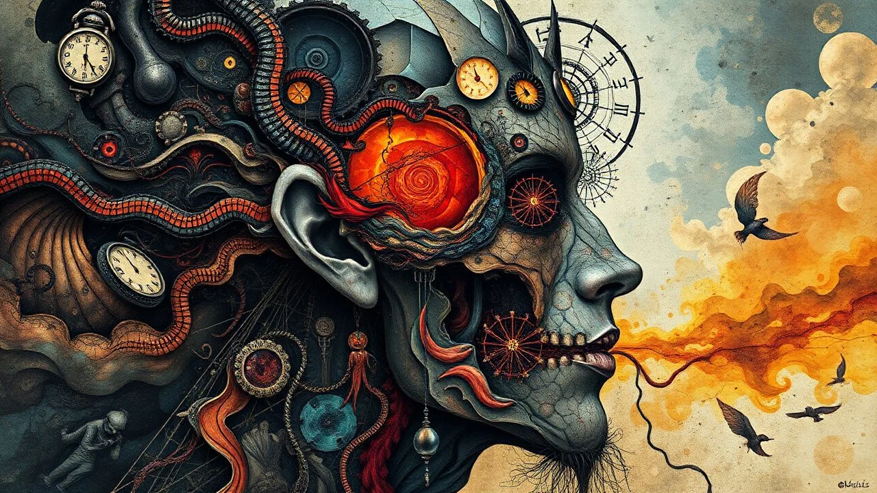 Create a detailed and intricate structure of surreal abstract creative art design using collage techniques inspired by Moebius art that reflects the dichotomy of materialism and idealism, sadism and masochism. Satanism elements in the form of the darkest thoughts colliding with strange color movements and deviant ideologies, His body is distorted by the passage of time. exaggerated features of all human elements, like the darkest dreams. anatomic Book style