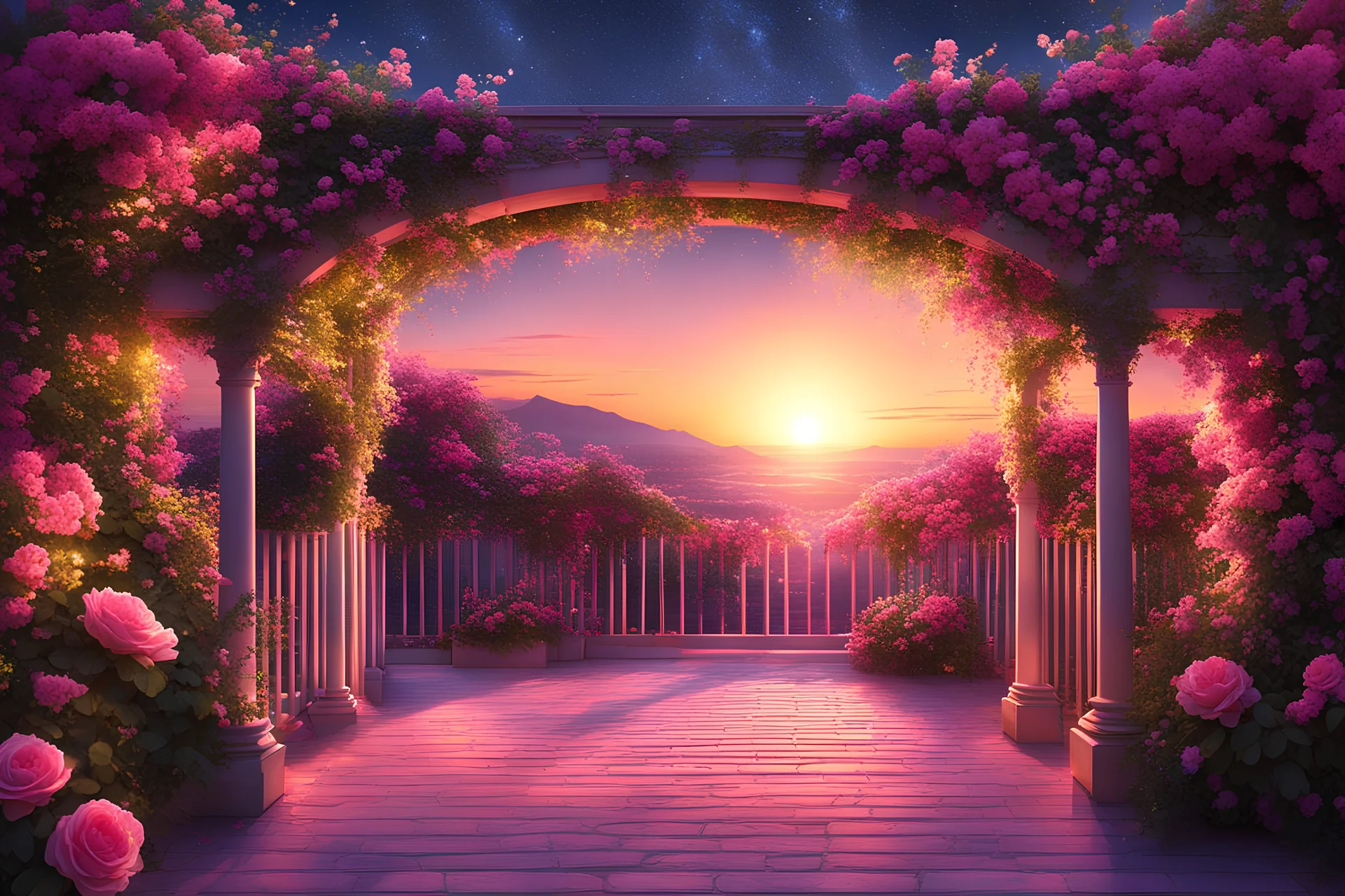 sous une pergola en arc de cercle de glycine rose éclairée par un rayons d'un soleil couchant, the night sky casts its dreamy gaze, amidst the vibrant pink color flowers of spring , shimmer like a golden halo. smiling. high purity. very detailed, digital art, beautiful detailed digital art, colorful, high quality, 4k