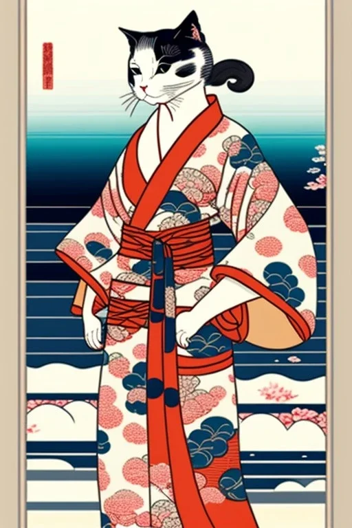 ukiyo-e style print of a cat with a human body wearing a soft yukata and walking by the sea