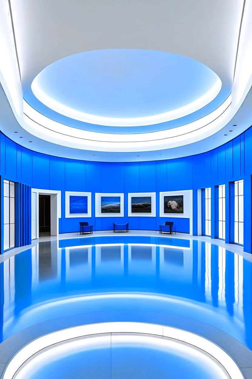 Museum blue wall paintings, oval walls and white floor