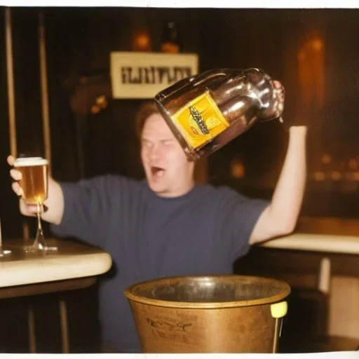 William Luby pouring a bucket full of beer on his own head at a pub