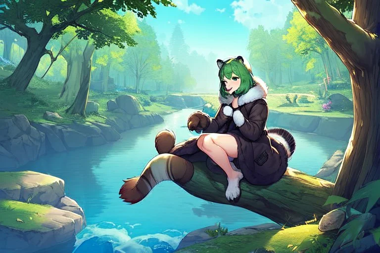 Girl, green hair, raccoon tail, raccoon paws in hand, raccoon paws in foot, forest, river, sit on tree, coat on neck, with tongue out, big tail, fur on hand, fur on feet