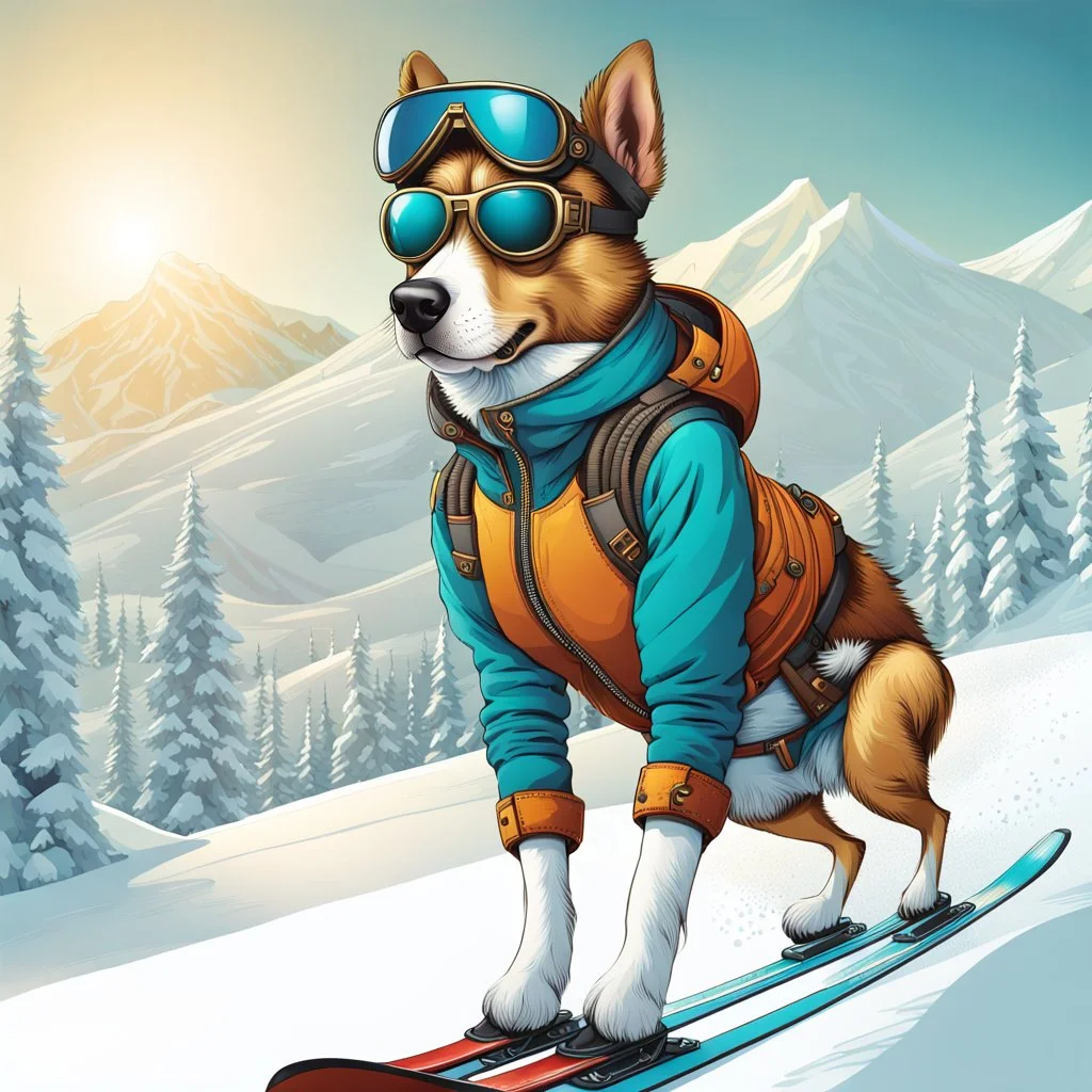 Hermosa ilustración steampunk coloreada arte lineal de un perro antropomorfico con traje de esquiador, esquiando en la nieve, calidad ultra, hiperdetallado,12k