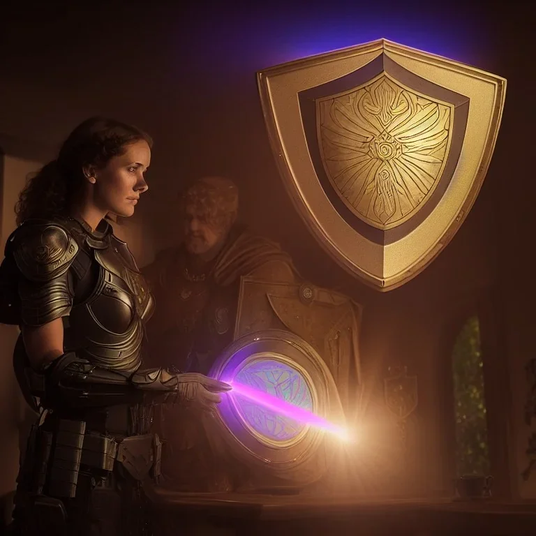 Paladin projecting a hologram of a shield covering a Home, 8k resolution, high-quality, fine-detail, iridescent, intricate, detailed matte, volumetric lighting, illustration, howard lyon, selina french, anna dittmann, greg rutowski