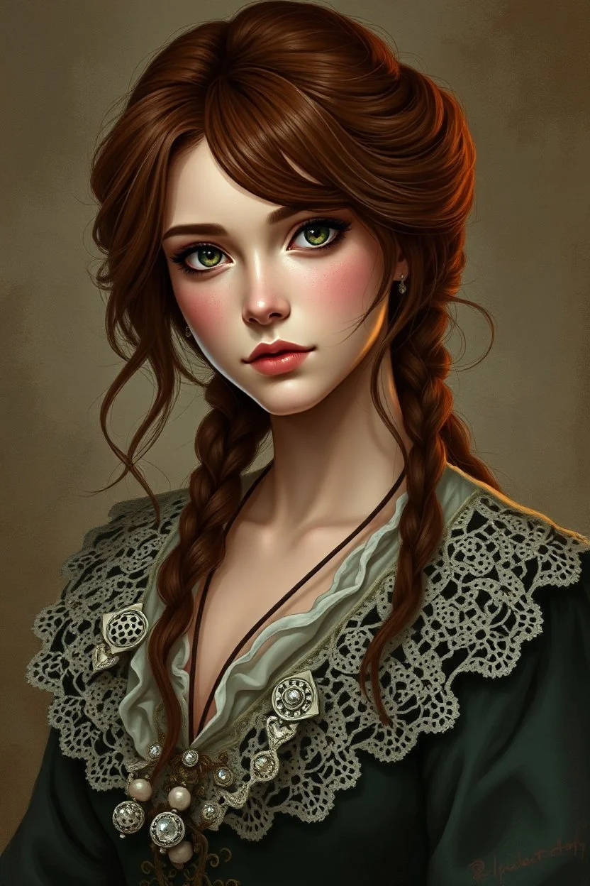 A pretty fantasy girl, hazel hair, intelligent, historical, ageless