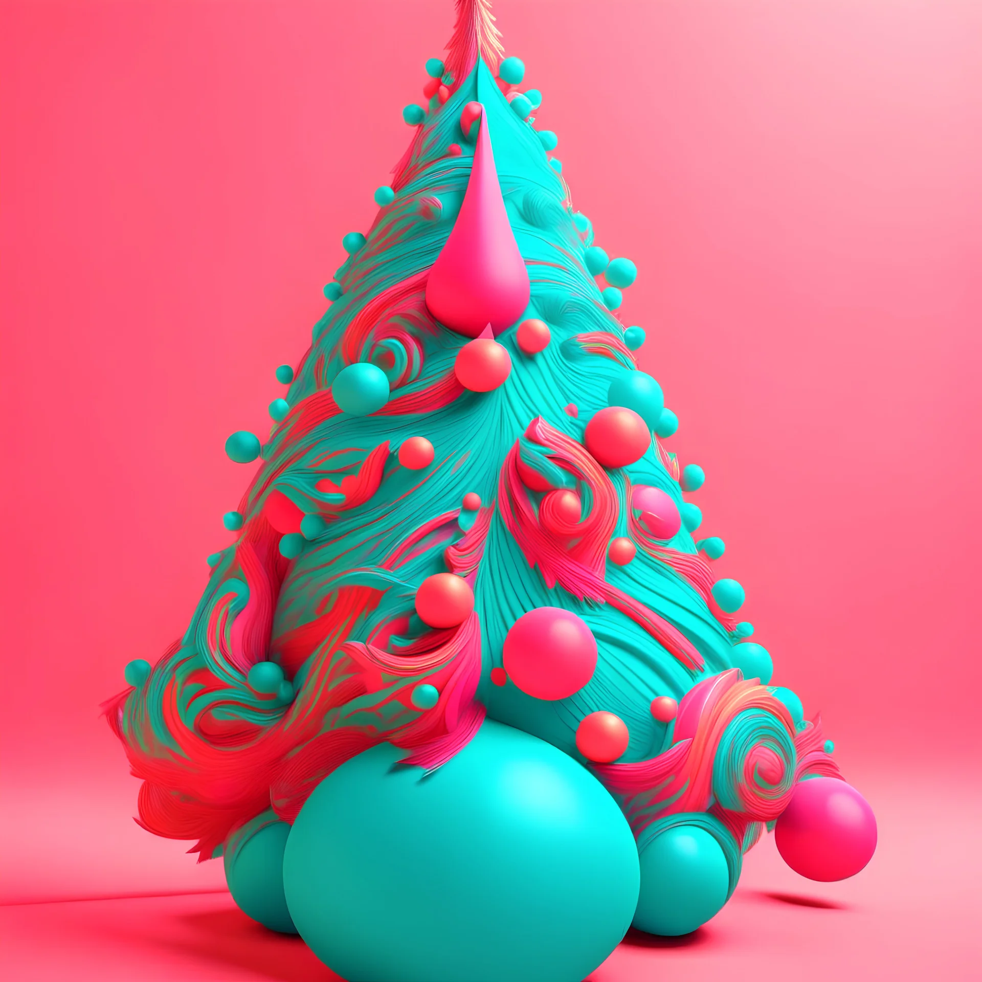 Christmas tree, pink, orang, turquoise, in the style of moebius