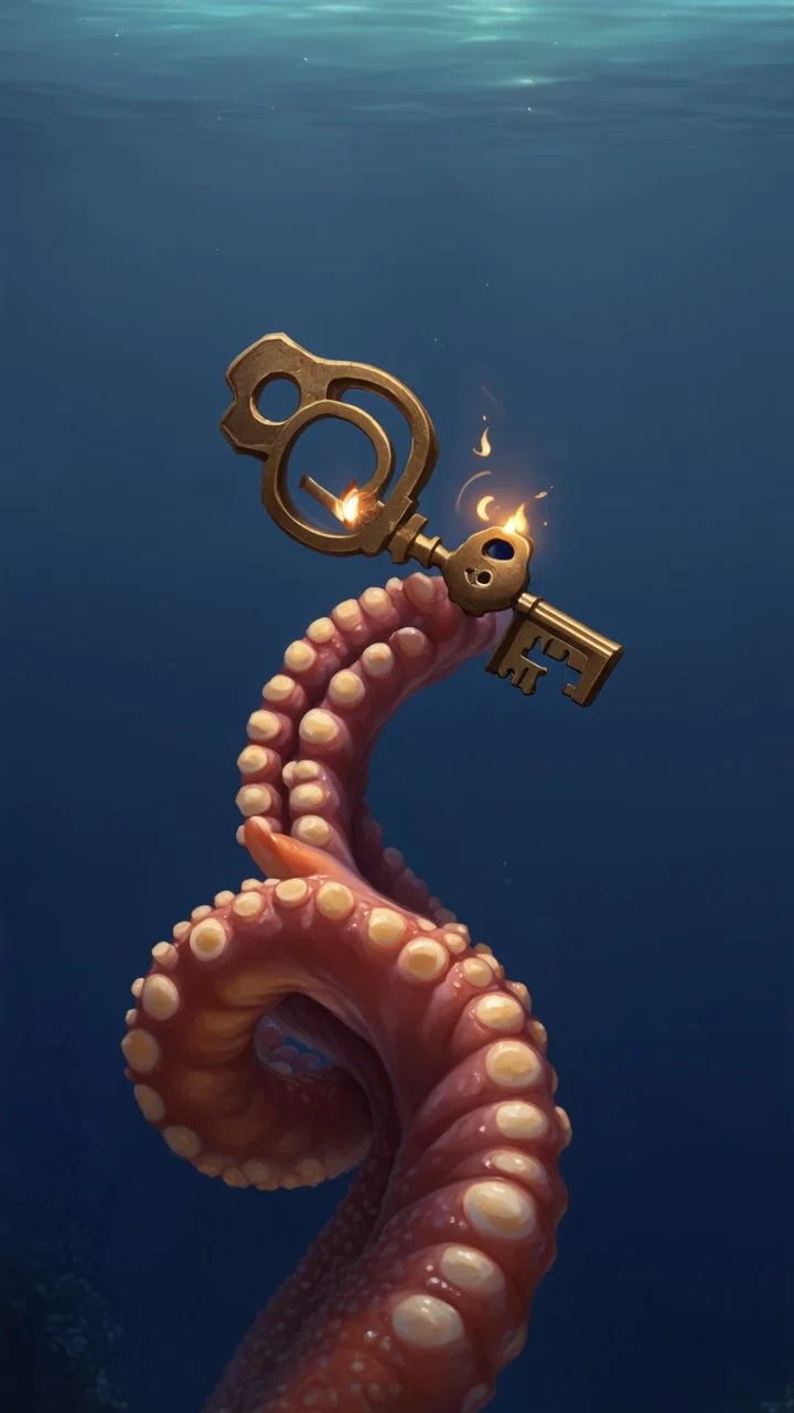 An octopus tentacle reaching out from the depths, holding an ancient key, flickering with light. It may be dark all around, but the key itself is bright and clear.