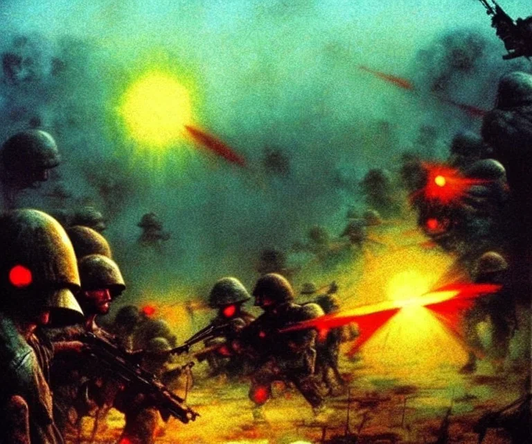 vietnam war. war. napalm. bokeh. lens flare. warm lights. high detailed. beksinski