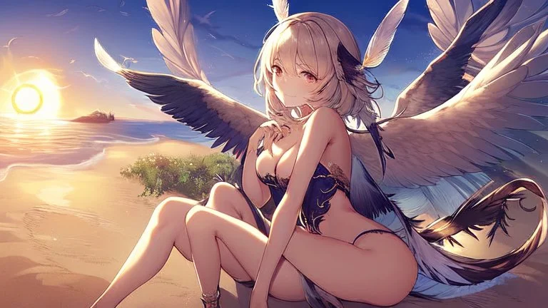 Highly detailed medium shot of a bird, sand, hot, cute, feathers, wings, tail, sun, large