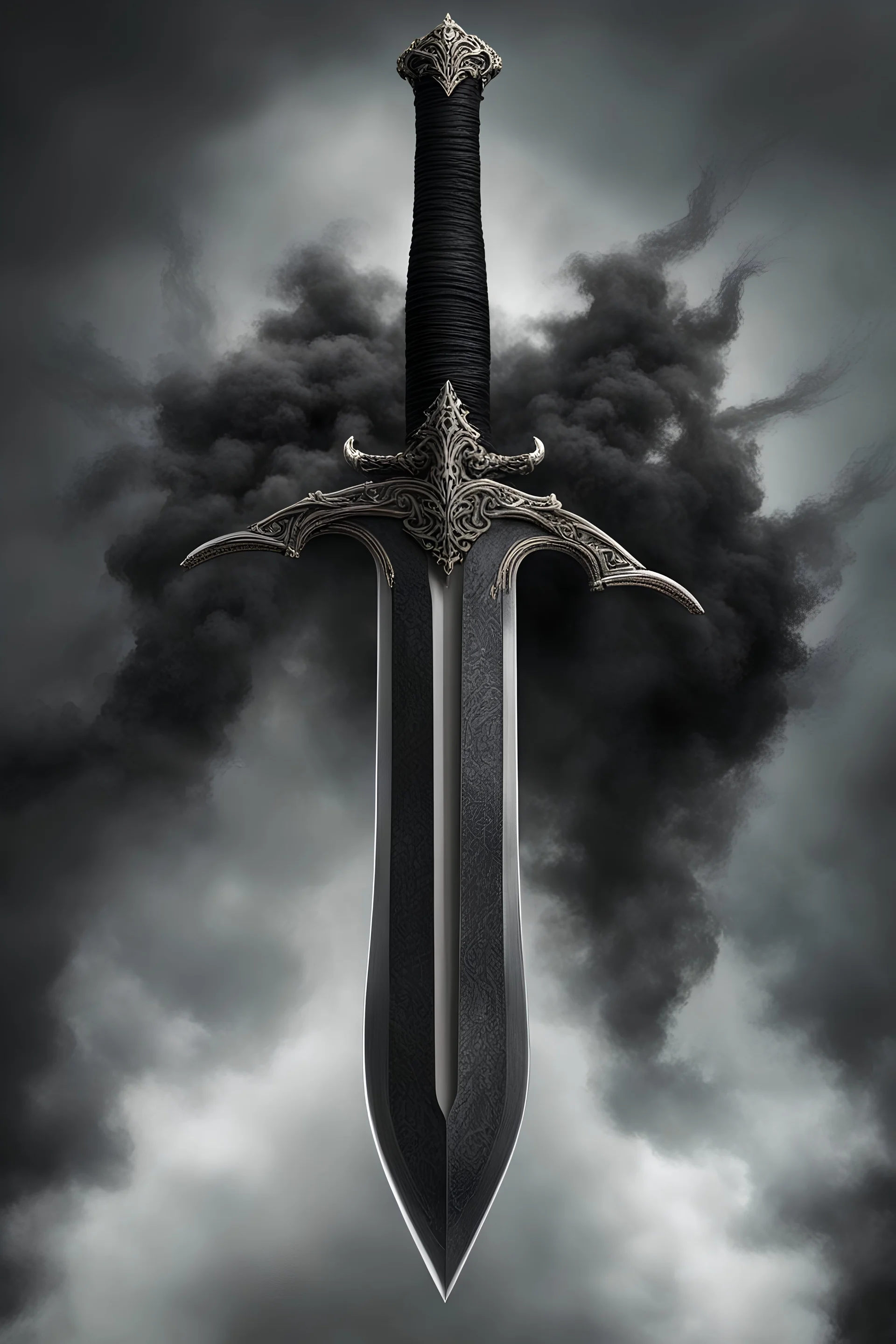 double edged fantasy sword, hyper realistic, black smoke lurking around it