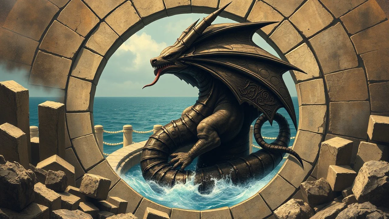 Stone ruins in a circle and the Winged Beast of Babylon snaking through a grate that pours into the sea