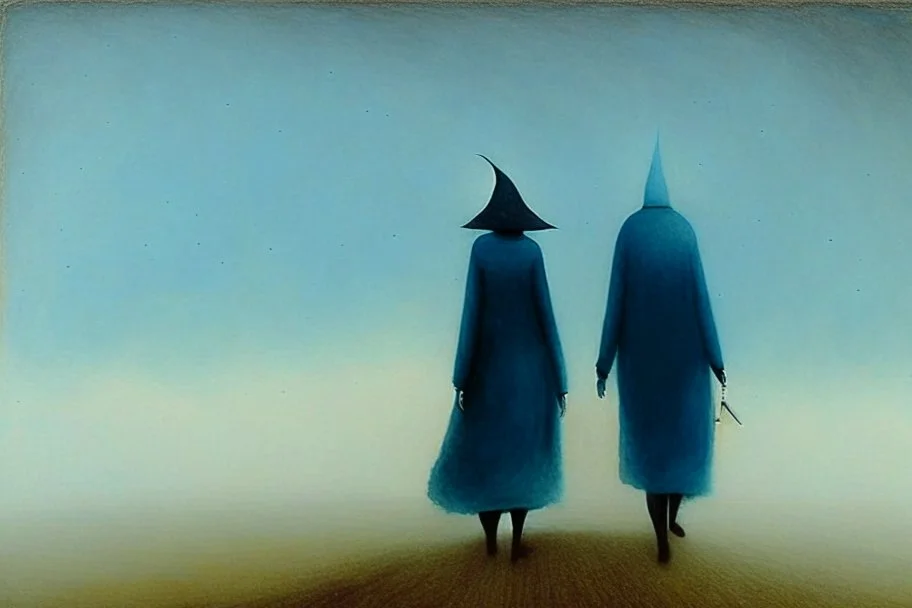 two people without gender seen from behind walking side by side in an empty foggy plain, above there is blue sky by artist "Leonora Carrington",by artist "Christian Schloe"