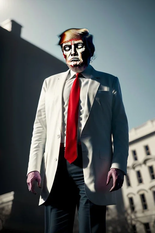 Ultra realistic image night, Donald trump zombie, suit, blood, torn arm, night, the walking dead style, dark ambient, highly detailed, White House background, concept art, unreal engine 5, ray tracing, RTX, ultra detail, volumetric lighting, high definition, high resolution.