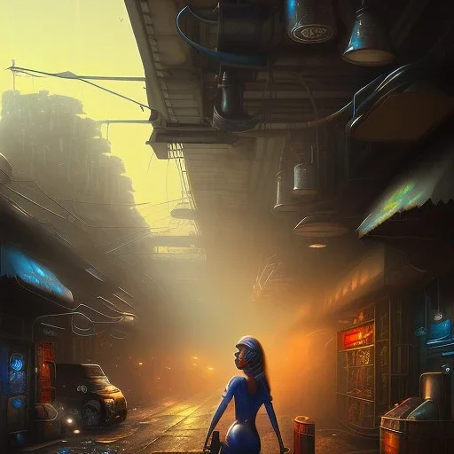 spray paint fantasy art, evening, seen from under a car, dirty city alley, heist action, upper body of human thief in shadow, book illustration, cartoon characters