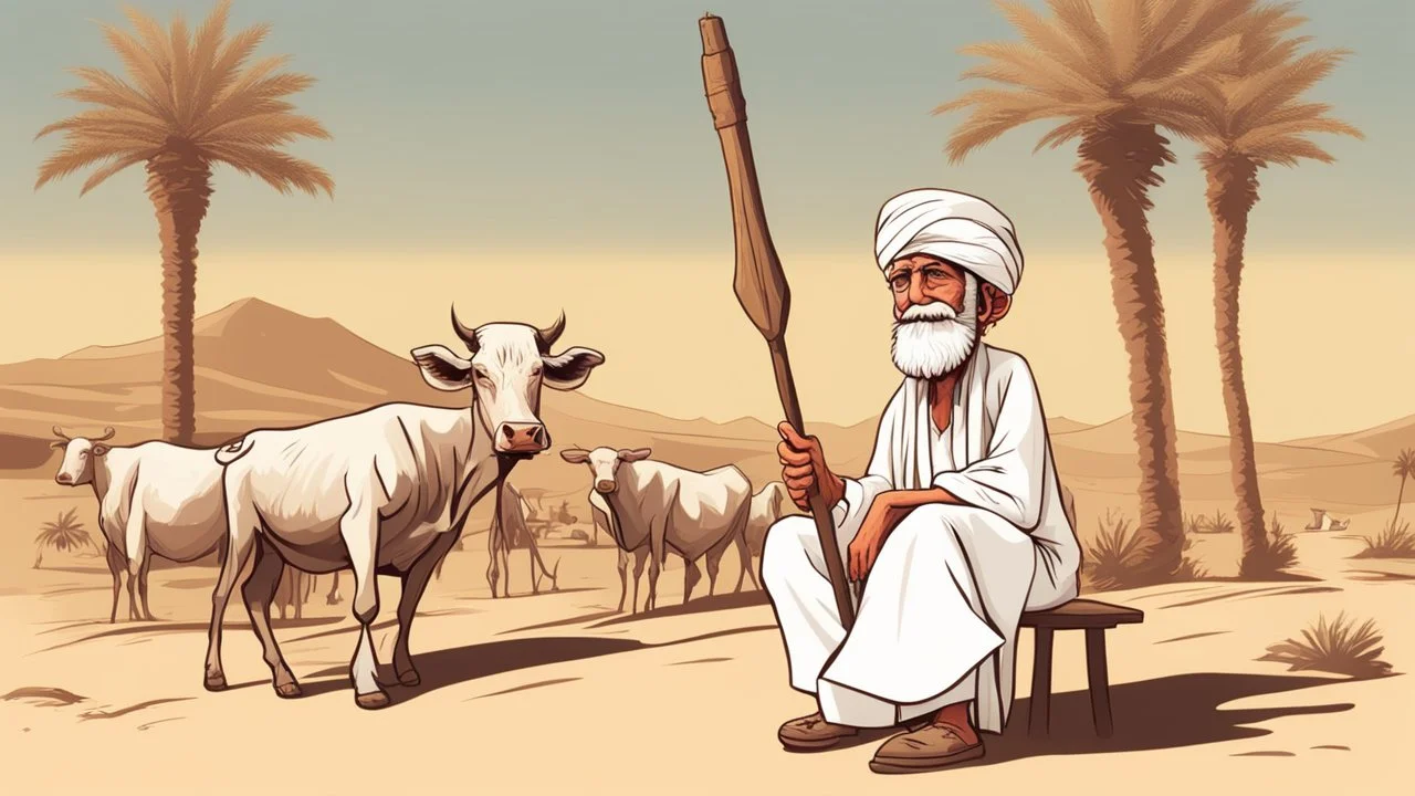 Old man, Arab, turban, white clothes, cattle, desert, council, sun, palm trees, mud houses, holding a stick, looking forward, a very slight smile.cartoon,Sitting on a chair,long beard,Mouth slightly open