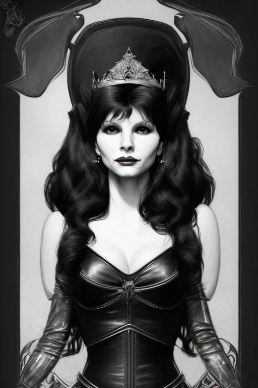 drawing of young victoria principal as evil queen in black leather, feminie, angry, stern look on her face, volouptous, busty, cleavage, emperious, mature, highly detailed, digital painting, artstation, concept art, smooth, sharp focus, illustration, art by gaston bussiere and alphonse mucha