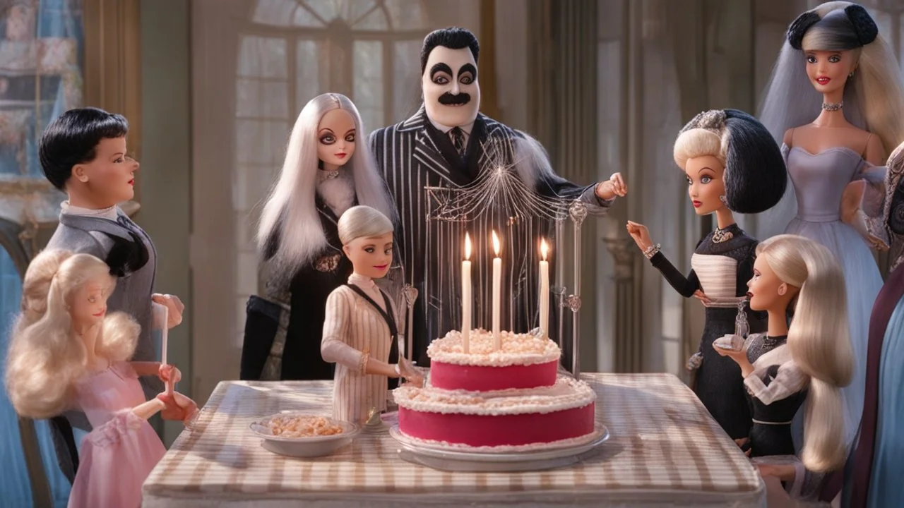 draw a birthday cake with logo number 23 and one candle 23 ,Insanely detailed Addams Family movie still with Barbie dolls.