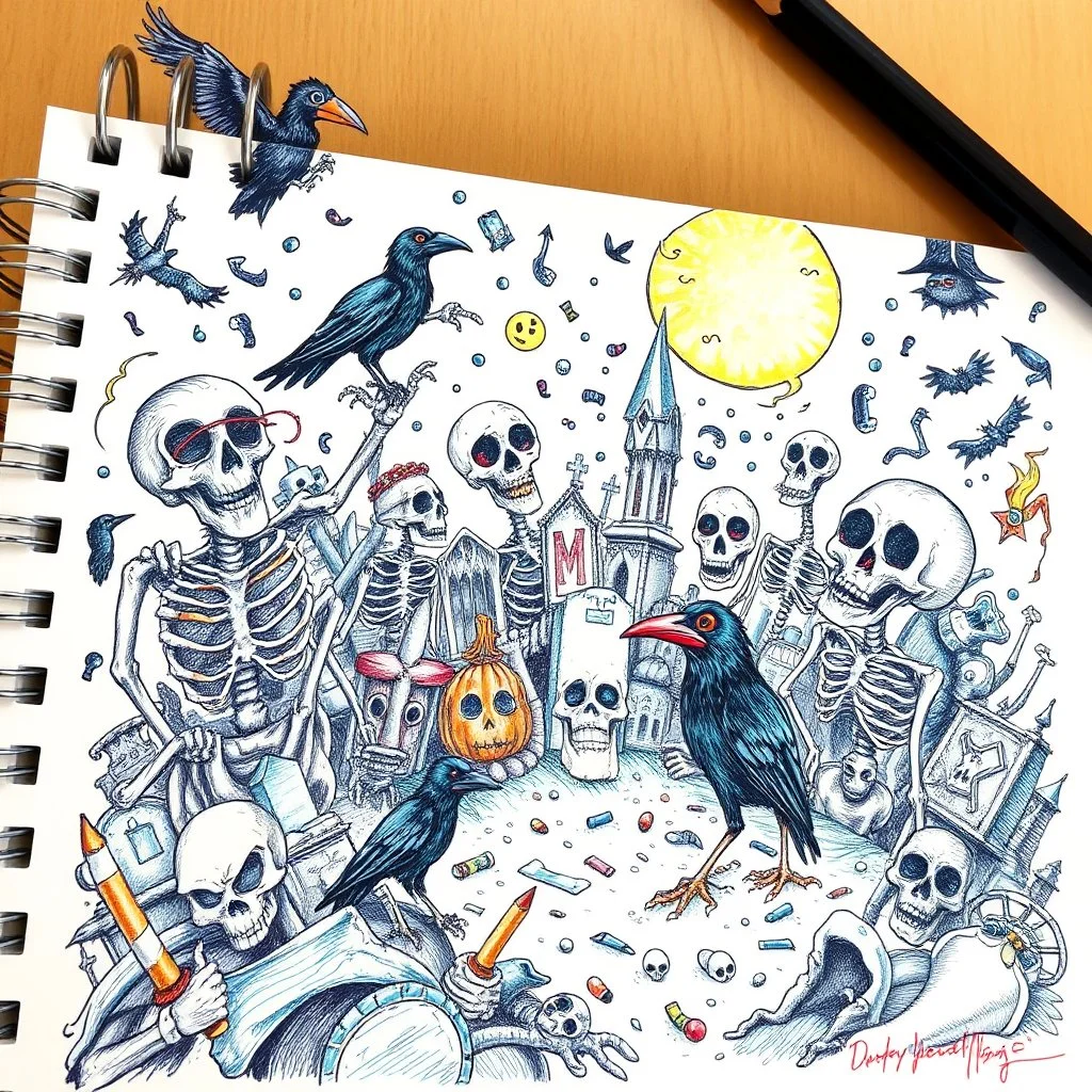 rich color pencil hand doodle sketch on a spiral binded notebook page, chaotic psychedelic cemetery scene with wacky skeletons and crows in the style of Kenny Sharfe and Jim Woodring, maximalism