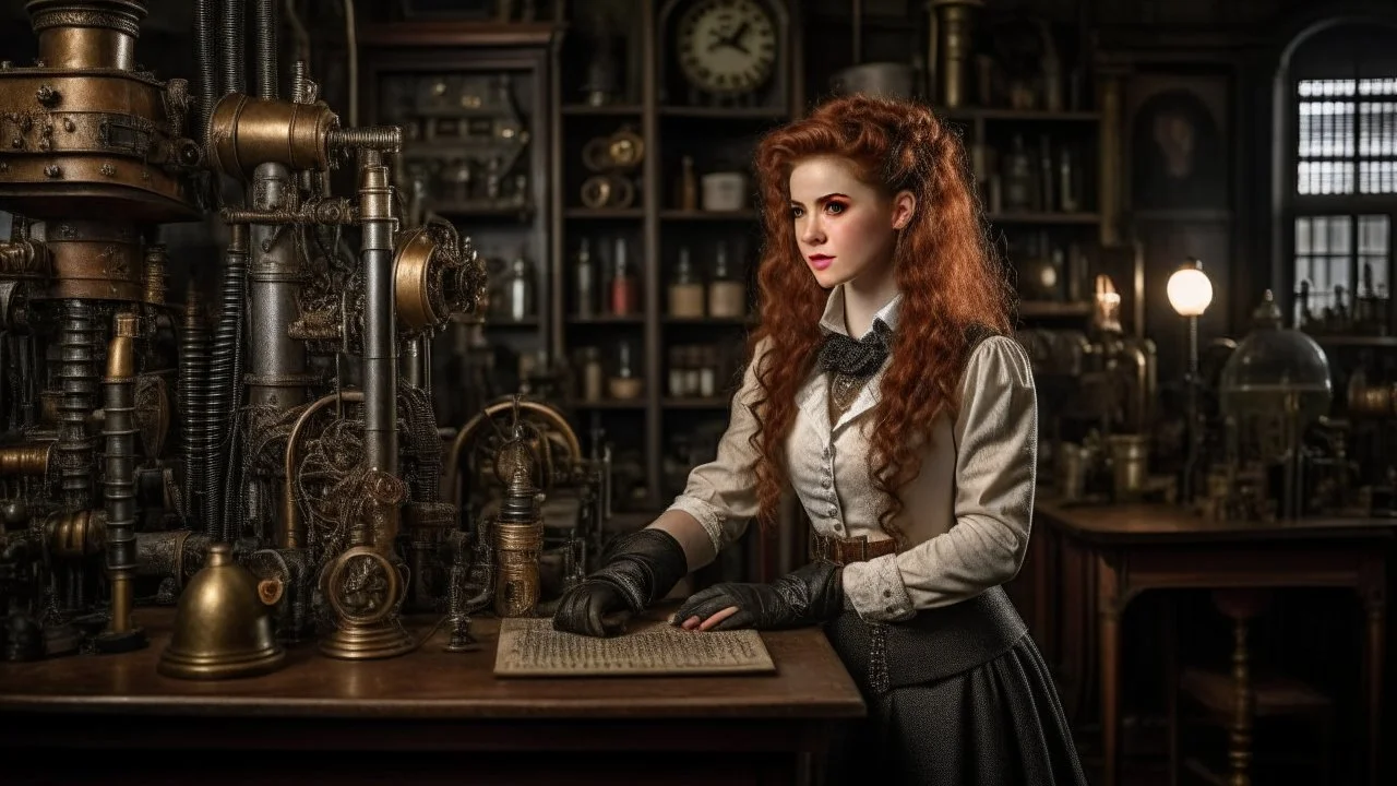 pale-faced woman with auburn wavy shoulder-length hair, with detailed steampunk metal arms and legs, dressed like a Victorian, in a laboratory full of small machines