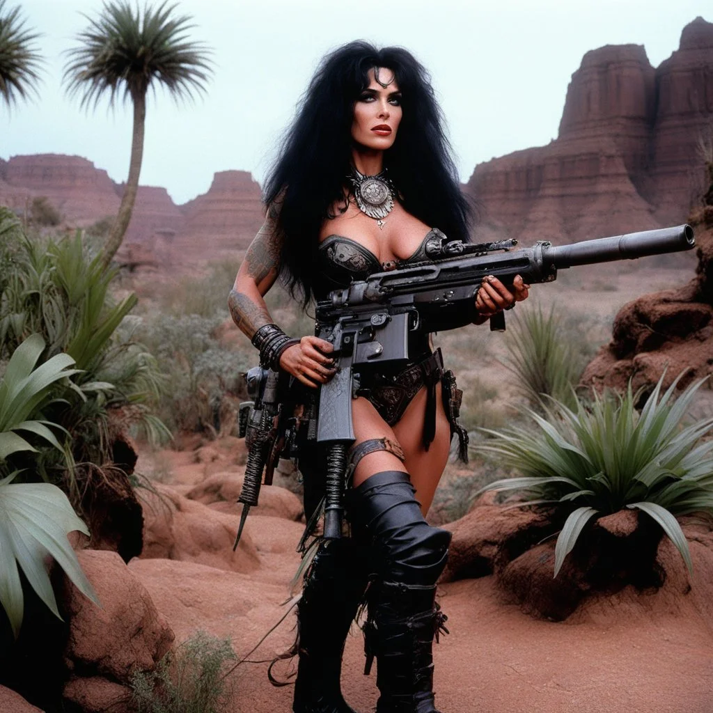 tattooed Julie Strain in action, standing in the middle of the badlands jungle surrounded by luxuriant flora - Heavy Metal F.A.K.K.2 her machine-gun in hand (shot from The Dark Crystal, 1982 dark fantasy film directed by Jim Henson and Frank Oz)