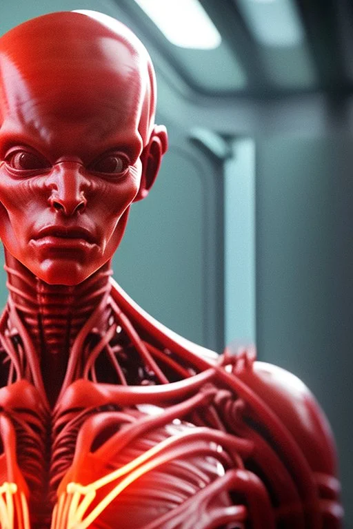 Alien red flesh,Detailed and Intricate, Cinematic, Dynamic Lighting, dramatic lighting, electrical details, high details, 4k, 8k, best, accurate, cyberpunk futuristic neon, interacting with a holographic interface of alien artifacts, electrical case display, Terminator tech, ultrarealistic, dramatic lighting, electrical details, high details, 4k, 8k, best, accurate, trending on artstation,