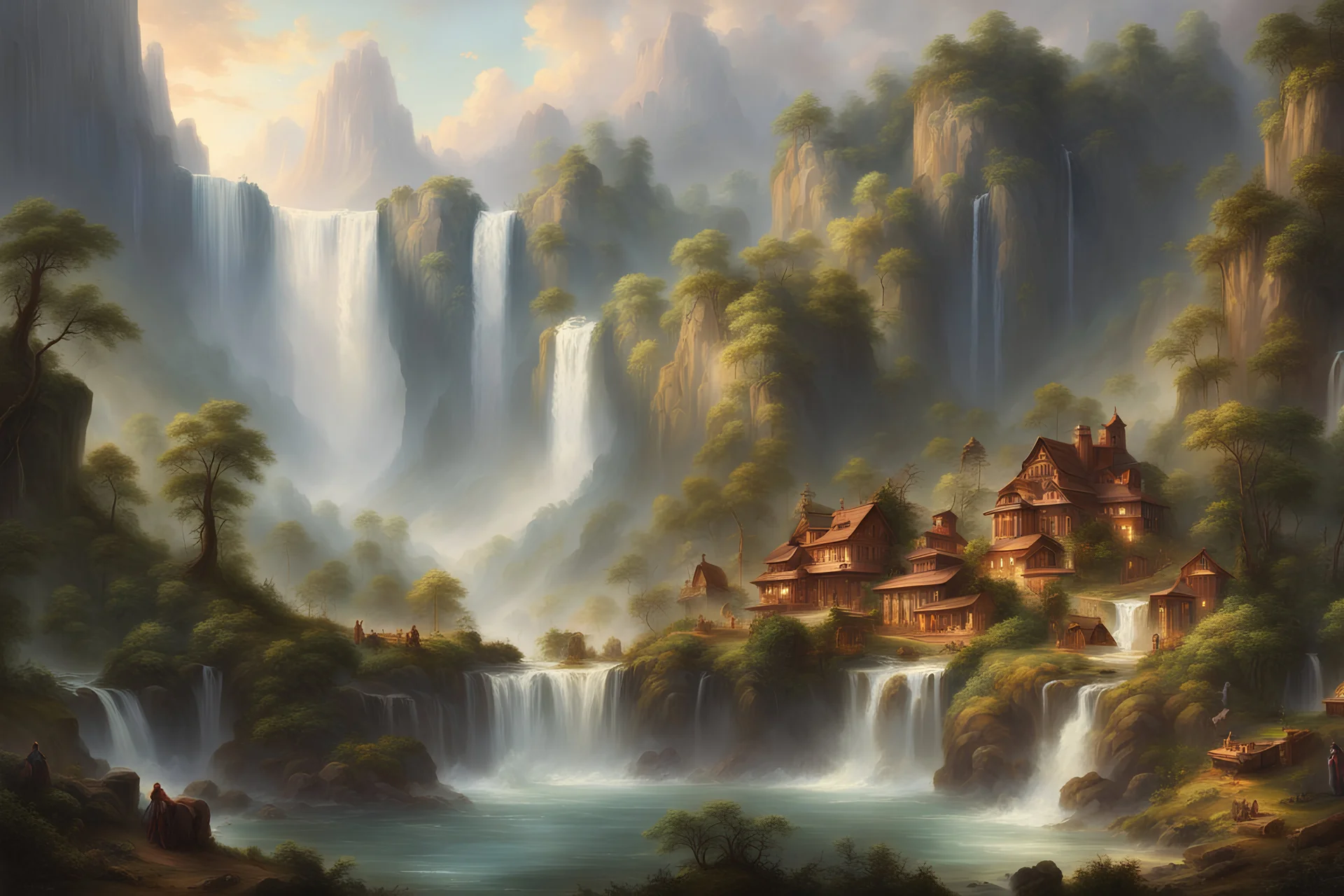 A scene of a majestic mithological gods town on mountain range, with a cascading waterfall and lush greenery, in the style of Albert Bierstadt and Thomas Moran, with a sense of grandeur and awe-inspiring beauty.