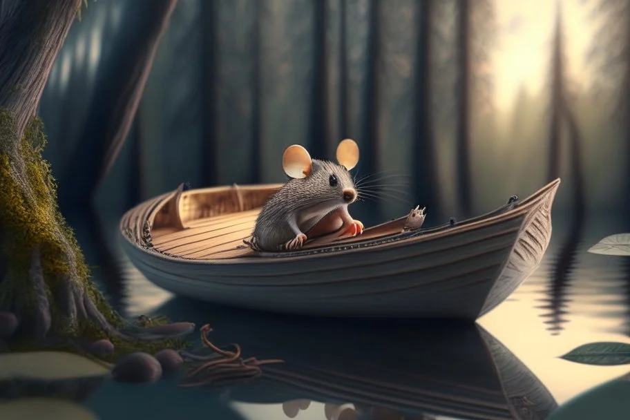 mouse in boat, in forest by lake, book illustration, fine detail, 4k, trending, volumetric light, depth of field