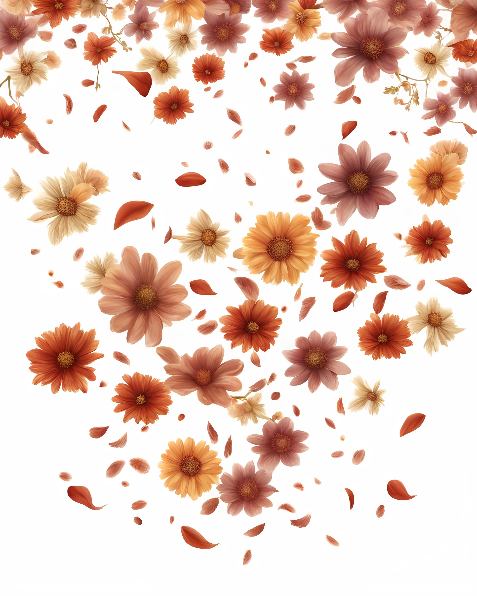 flowers falling from the top, rustic theme, realistic pictures