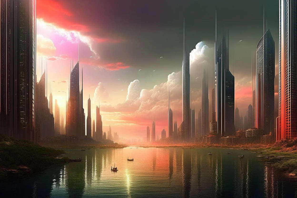 city, sci-fi, lake, ships, clouds, gary numan influence